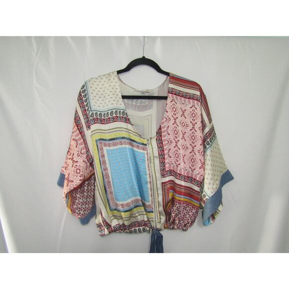 Willow & Root Women’s Small Boho Patchwork Kimono Sleeve Tie Waist Blouse Festiv - Picture 1 of 8